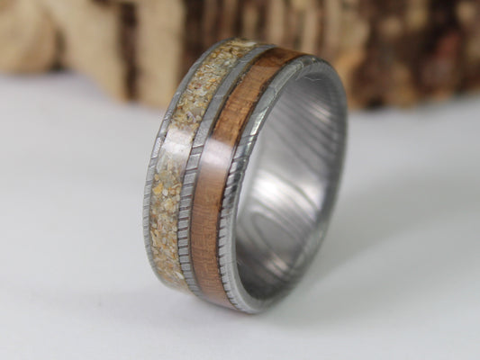 WW2 Ring: Damascus Steel, Lee Enfield Rifle Stock and Normandy Beach Sand