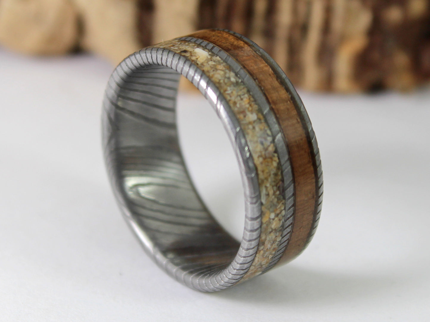WW2 Ring: Damascus Steel, Lee Enfield Rifle Stock and Normandy Beach Sand