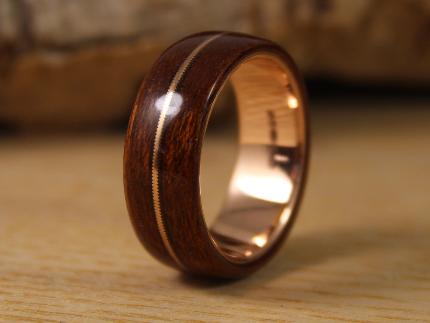 Rose Gold and Wood Ring With Acoustic Guitar String