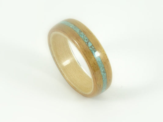Hawaiian Koa Wood Ring with Maple & Turquoise Inlay.  Bent Wood Ring.