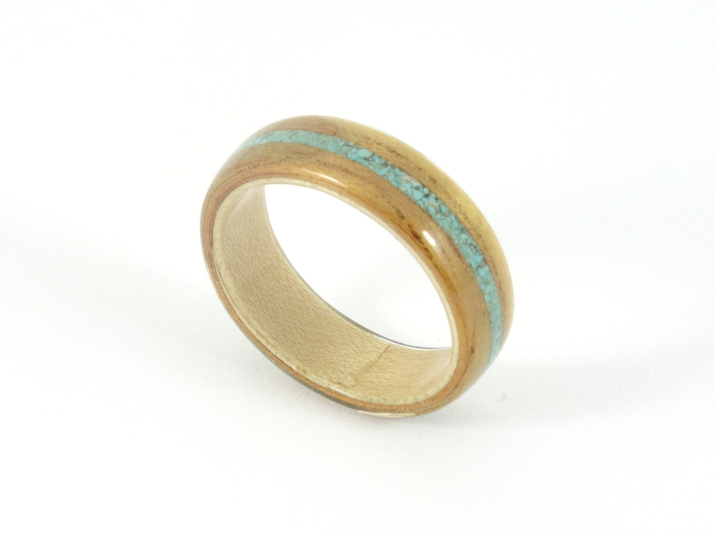 Hawaiian Koa Wood Ring with Maple & Turquoise Inlay.  Bent Wood Ring.