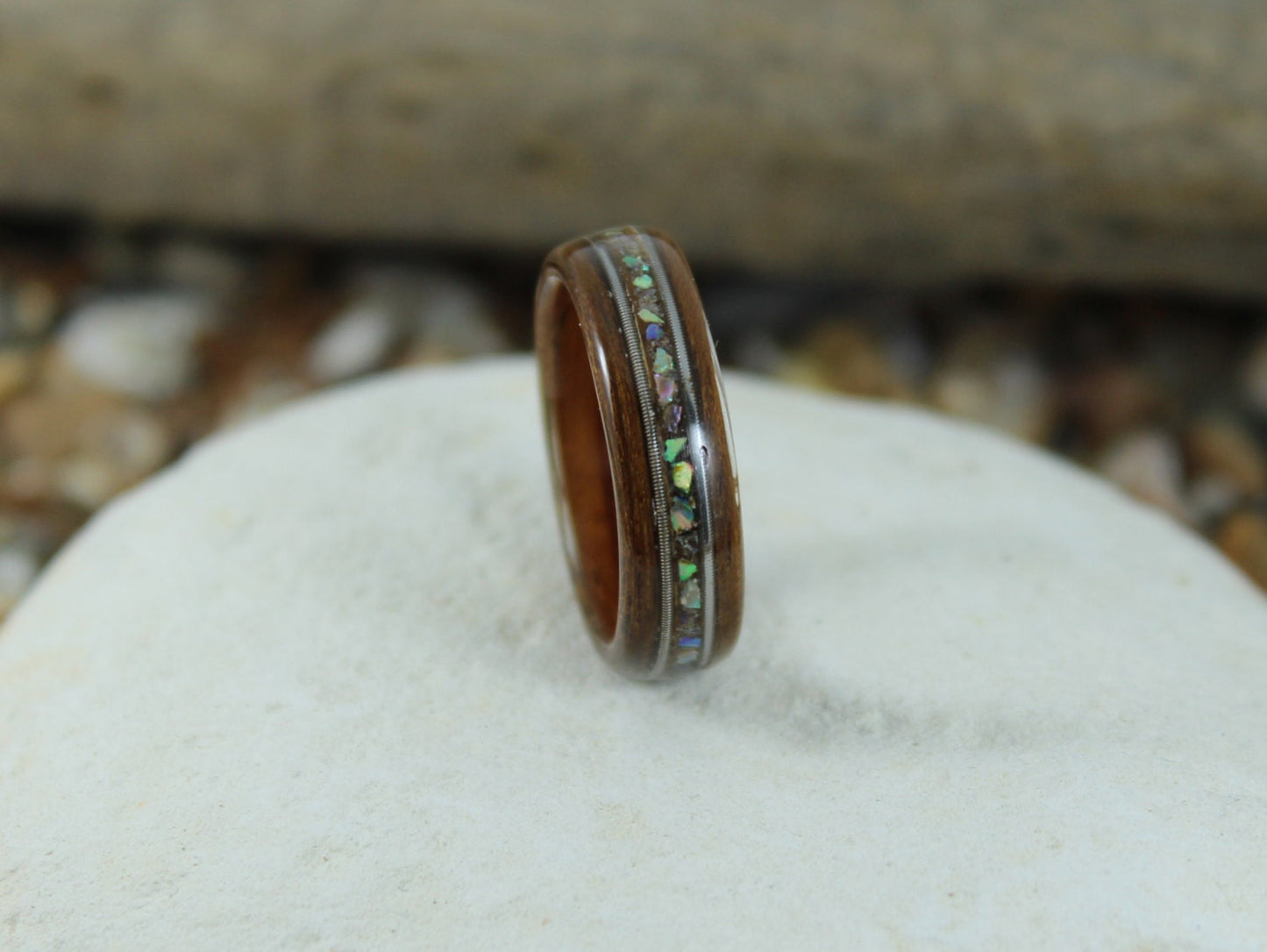 Kingwood & Olive Bent Wood Ring With Abalone + Guitar Strings