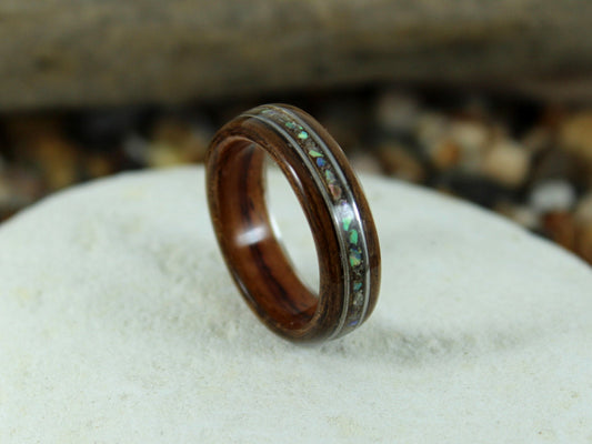Kingwood & Olive Bent Wood Ring With Abalone + Guitar Strings