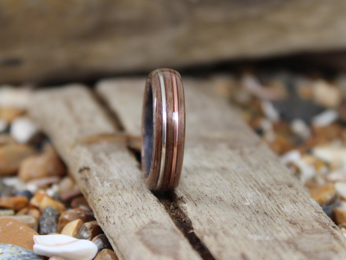 Grey Maple & Walnut with Copper and Silver Bent Wood Ring