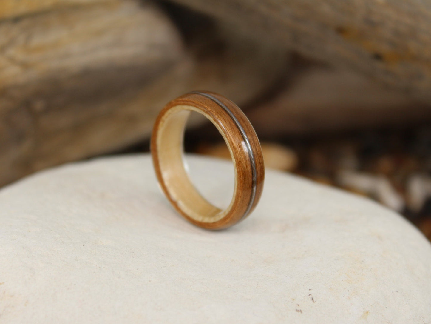 Cherry and Sycamore Bent Wood Ring with a Guitar String Inlay