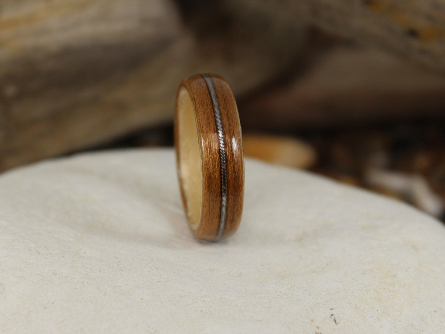 Cherry and Sycamore Bent Wood Ring with a Guitar String Inlay