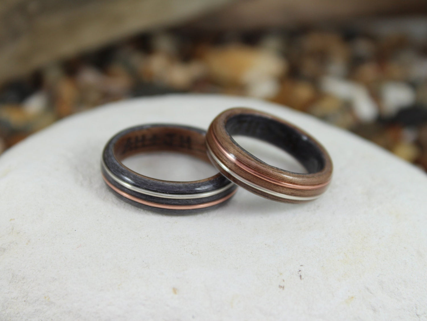 Walnut & Grey Maple with Copper and Silver Bent Wood Ring