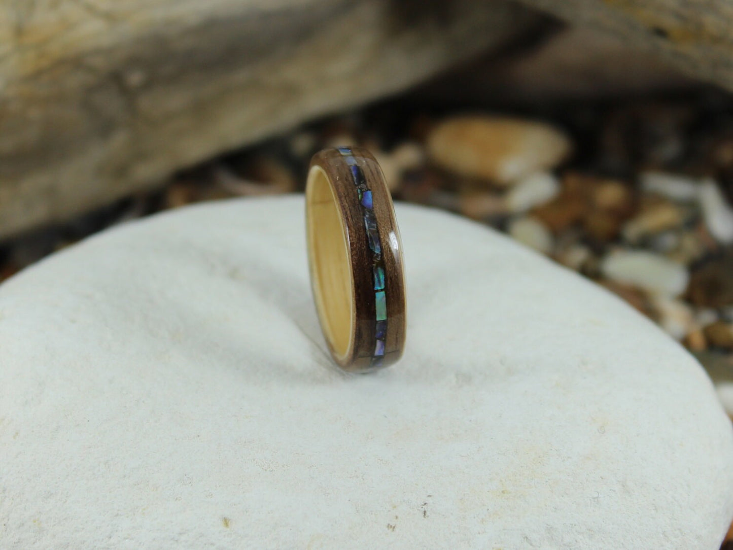 Oak & Walnut Wood Ring With Abalone Inlay Bet Wood Ring
