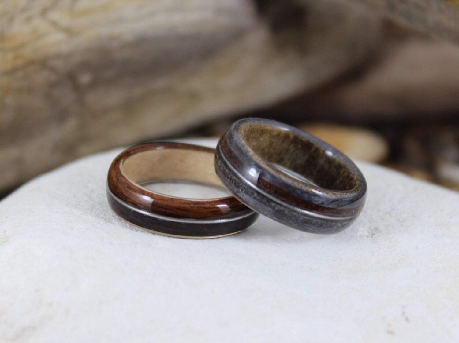 Set of 2 popular Bentwood Wooden Ebony, Maple and Silver Rings, Wooden Wedding Rings Set