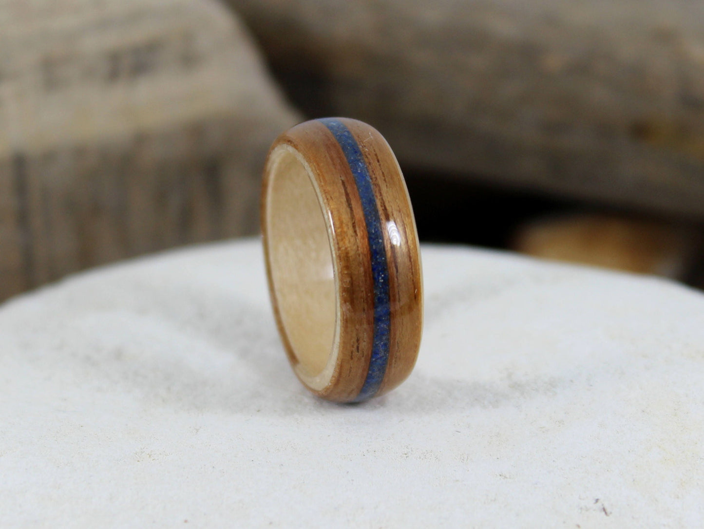 Koa Wood Ring with Maple & Blue Lapis Bent Wood Ring