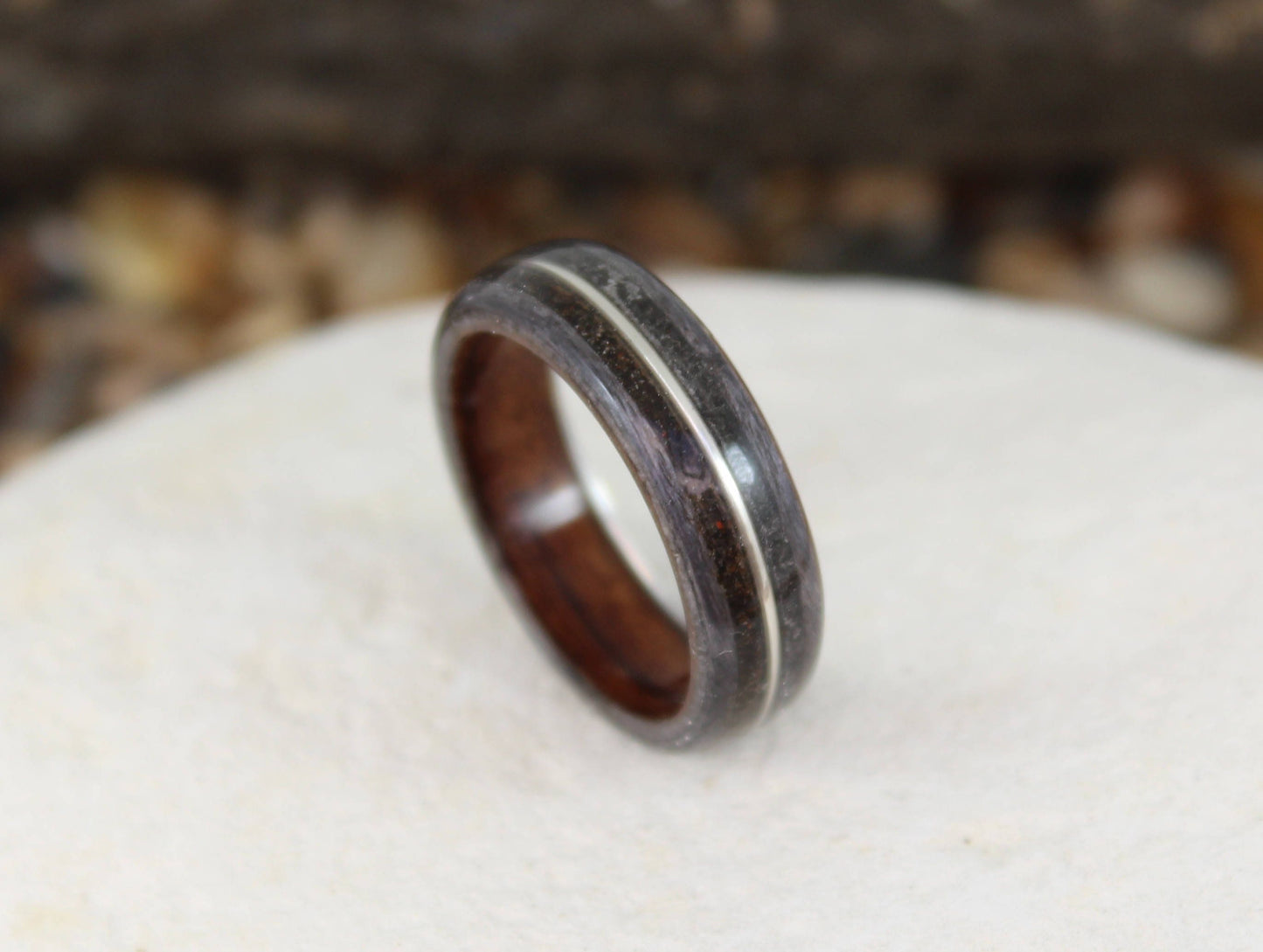 Grey Maple & Rosewood Bent Wood Ring with Dinosaur Bone, Meteorite and Silver