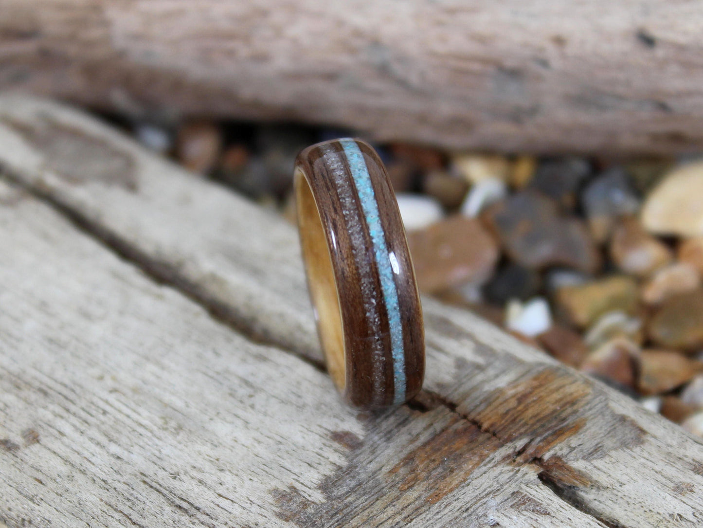 Walnut & Oak Wood Ring with Sand and Turquoise