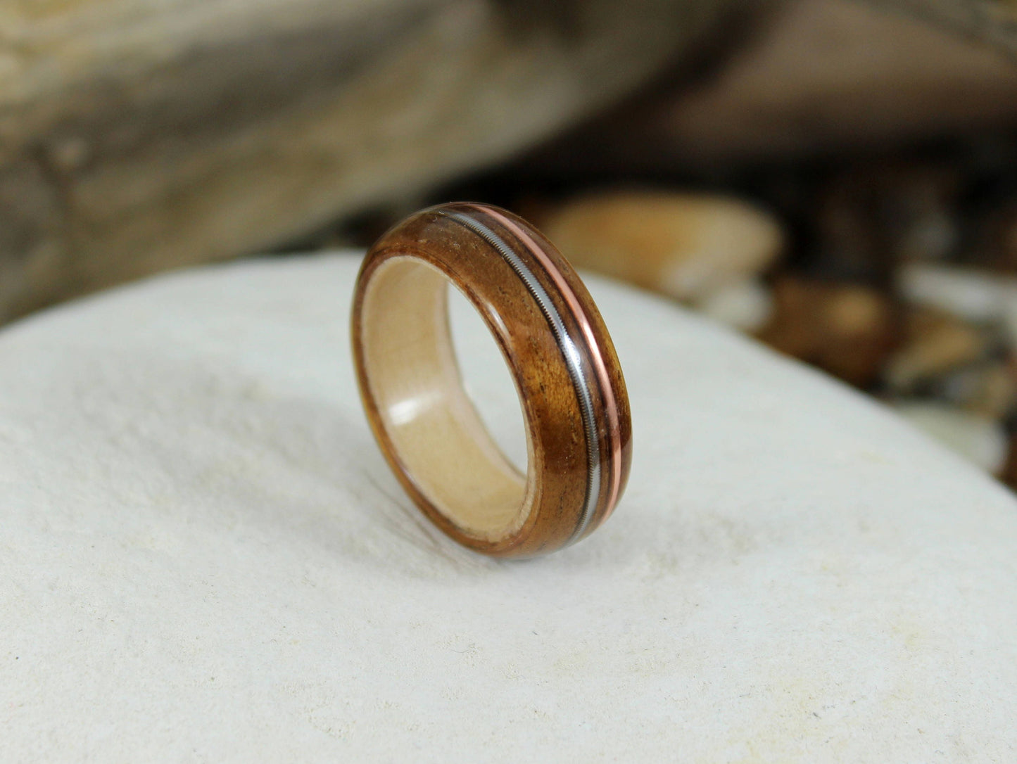 Koa & Maple with Copper and Silver Bent Wood Ring