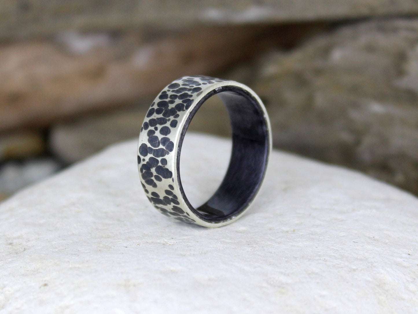 Hammered Silver Ring with Grey Maple Wood