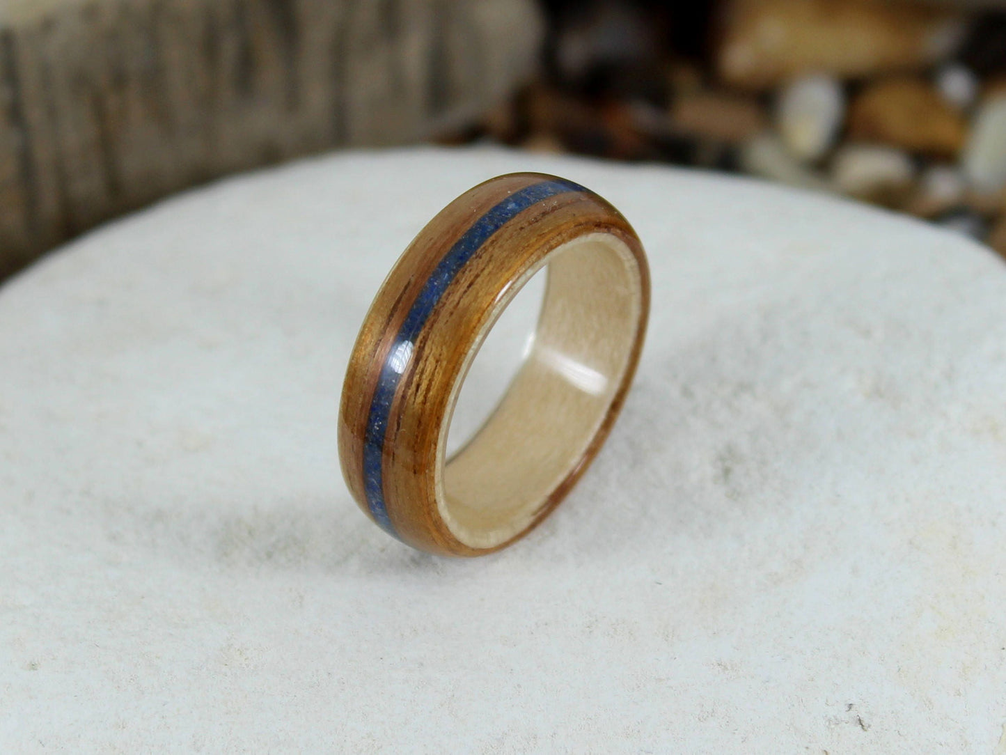 Koa Wood Ring with Maple & Blue Lapis Bent Wood Ring