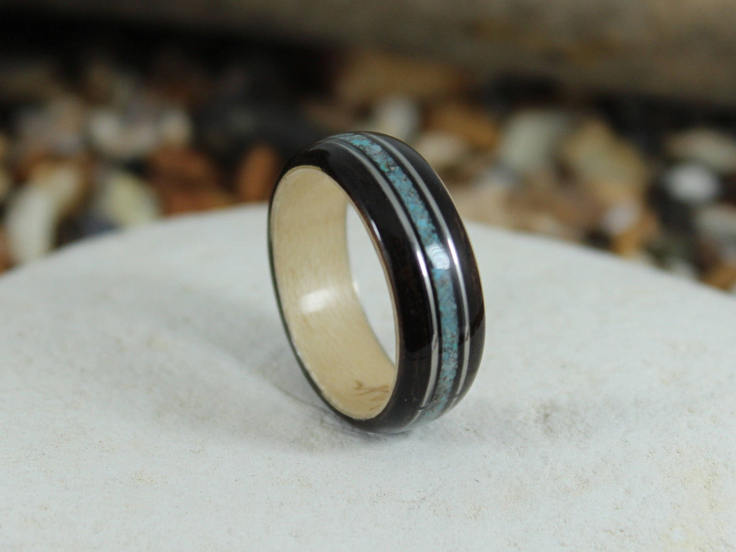 Ebony & Maple Wood Ring with Turquoise and Guitar Strings Bent Wood Ring