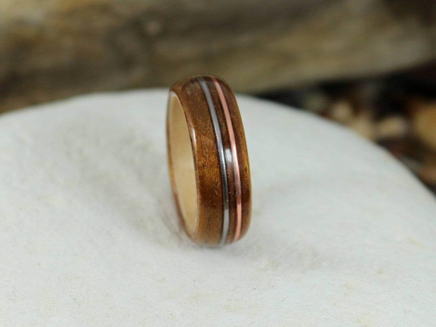 Koa & Maple with Copper and Silver Bent Wood Ring