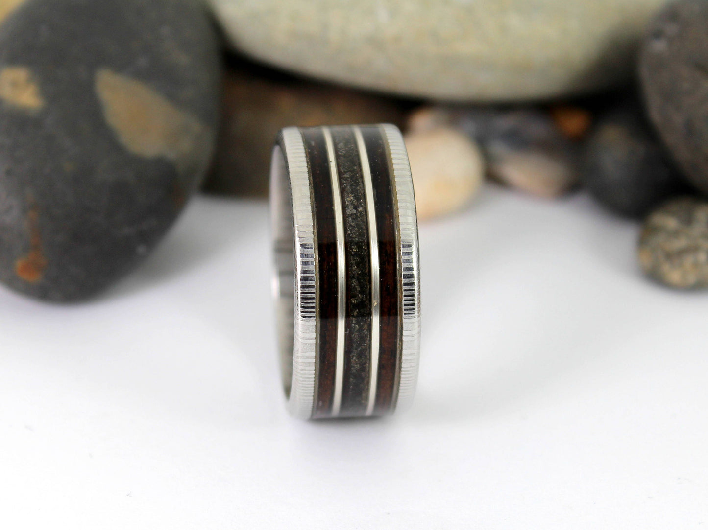Damascus Steel Ring With Megalodon Tooth, Silver and Wood Inlay