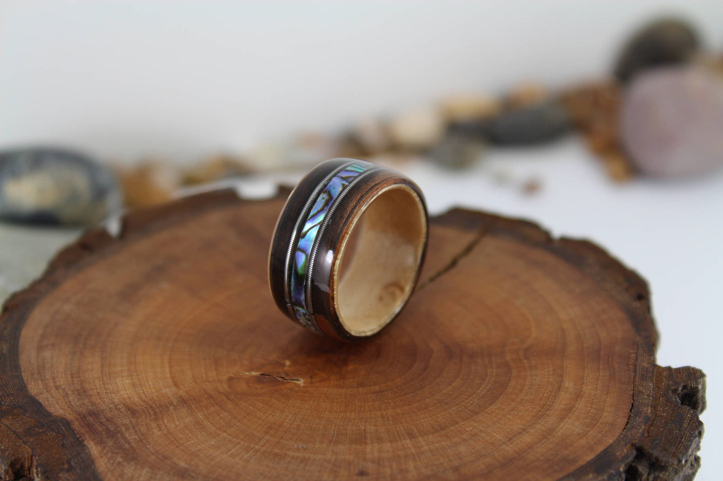 Ebony & Maple With Abalone + Guitar Strings Bent Wood Ring
