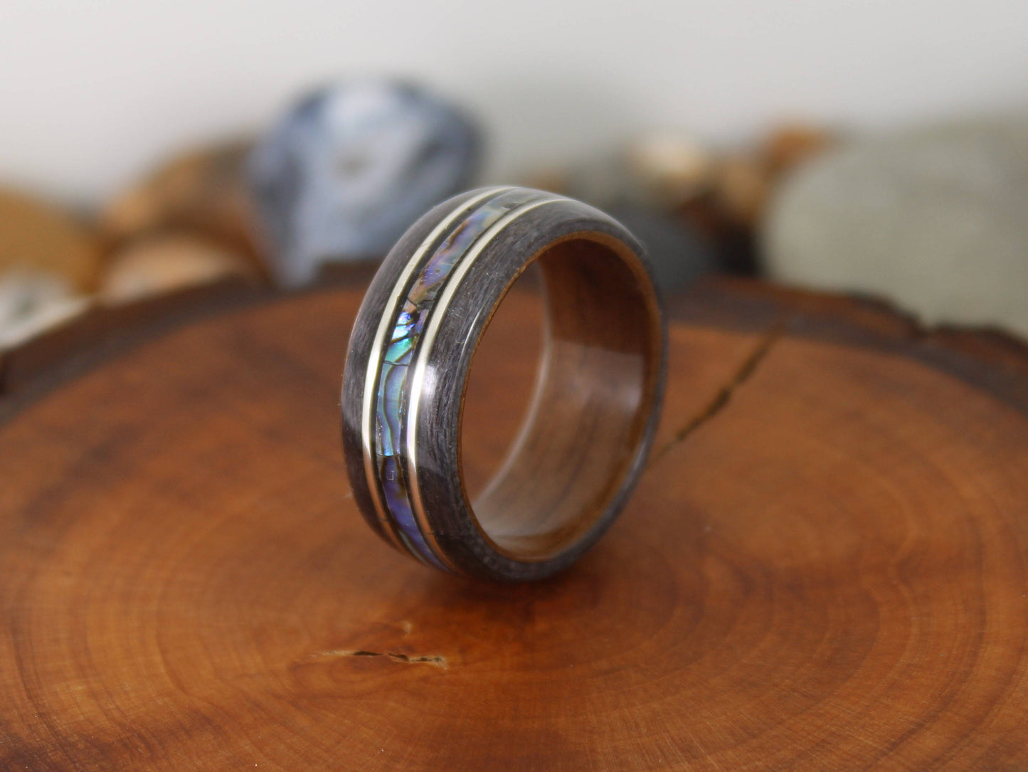 Walnut & Grey Maple Bent Wood Ring with Abalone and Silver Pinstripes