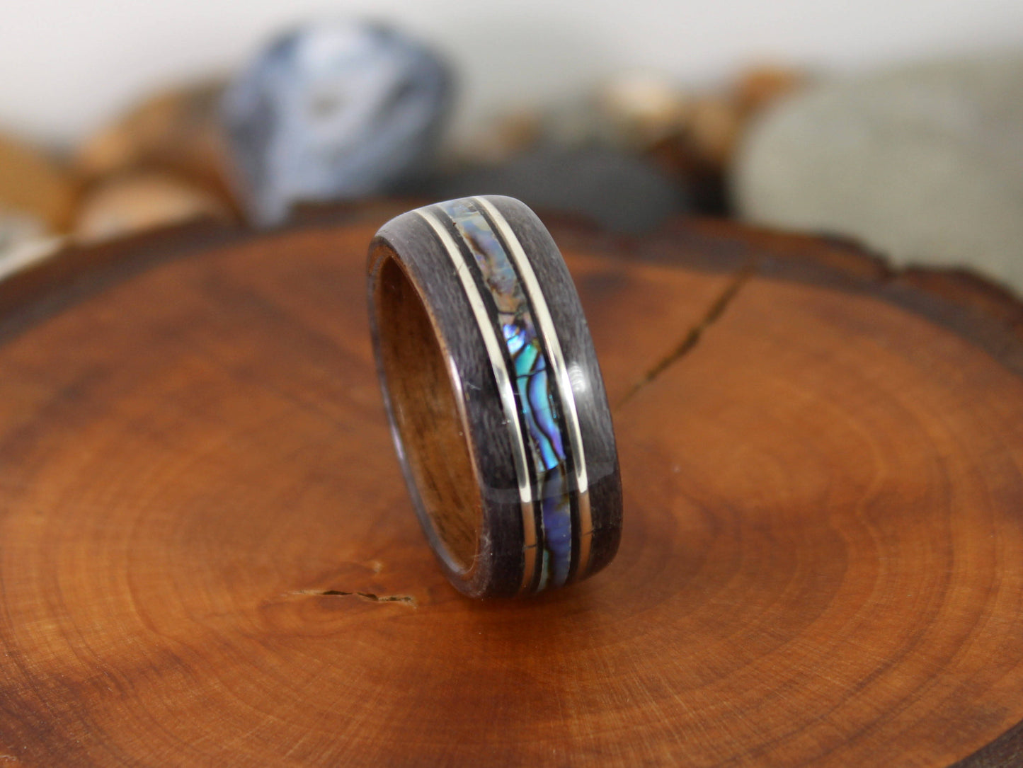 Walnut & Grey Maple Bent Wood Ring with Abalone and Silver Pinstripes