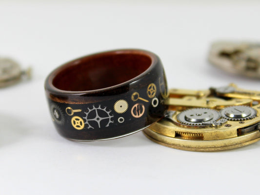 Wooden Steampunk Gear Ring Bent Wood Ring With Watch Parts
