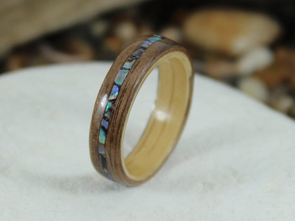 Oak & Walnut Wood Ring With Abalone Inlay Bet Wood Ring