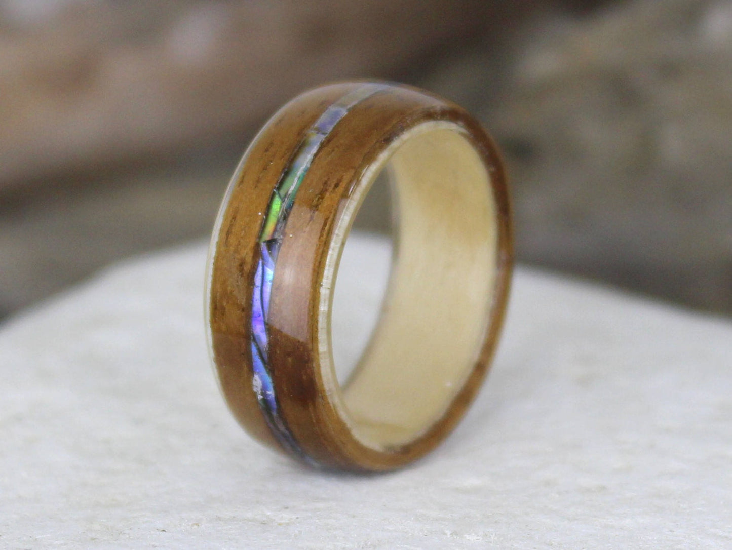 Hawaiian Koa Wood Ring with Maple & Abalone Inlay,  Bent Wood Ring