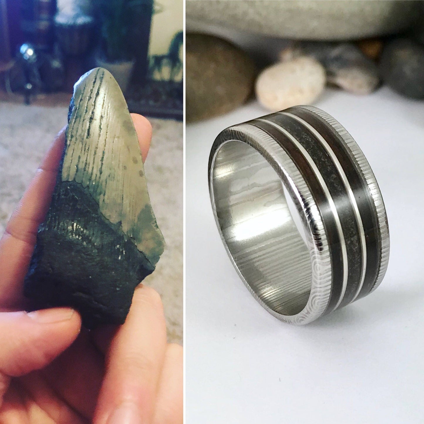 Damascus Steel Ring With Megalodon Tooth, Silver and Wood Inlay