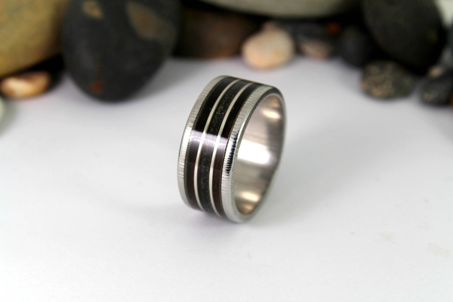Damascus Steel Ring With Megalodon Tooth, Silver and Wood Inlay