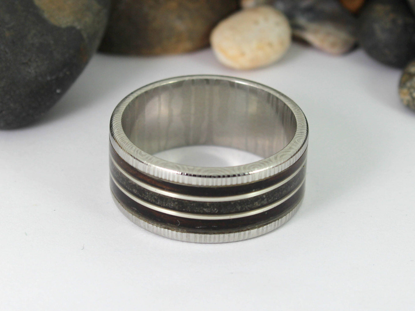 Damascus Steel Ring With Megalodon Tooth, Silver and Wood Inlay