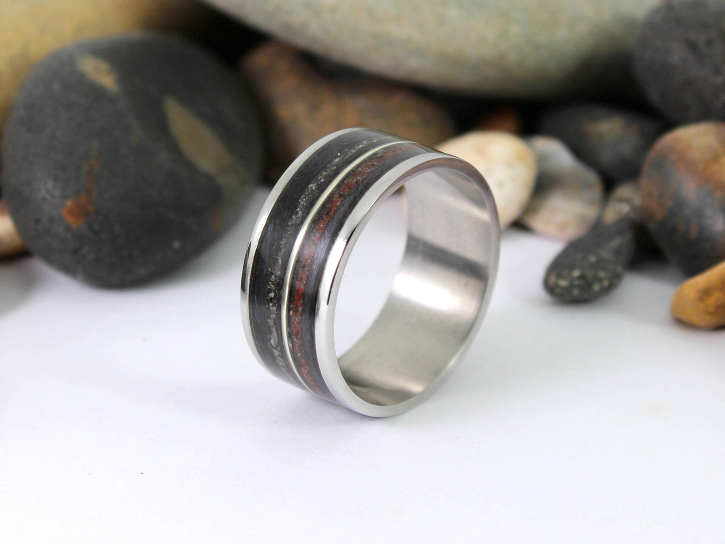 Steel Ring with Dinosaur Bone, Meteorite and a Silver Inlay