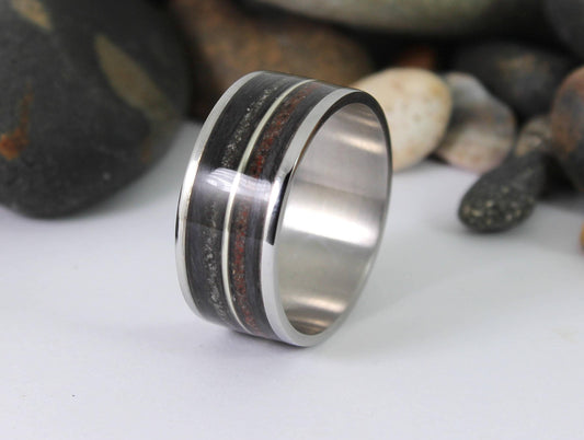 Steel Ring with Dinosaur Bone, Meteorite and a Silver Inlay
