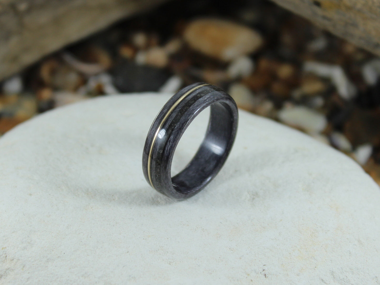 Grey Maple with Tektite Meteorite and Gold Bent Wood Ring