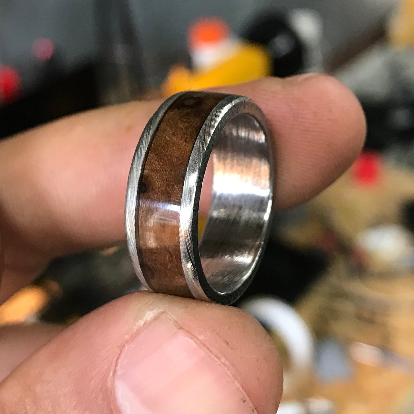 Damascus Steel Ring Walnut Burl Inlay