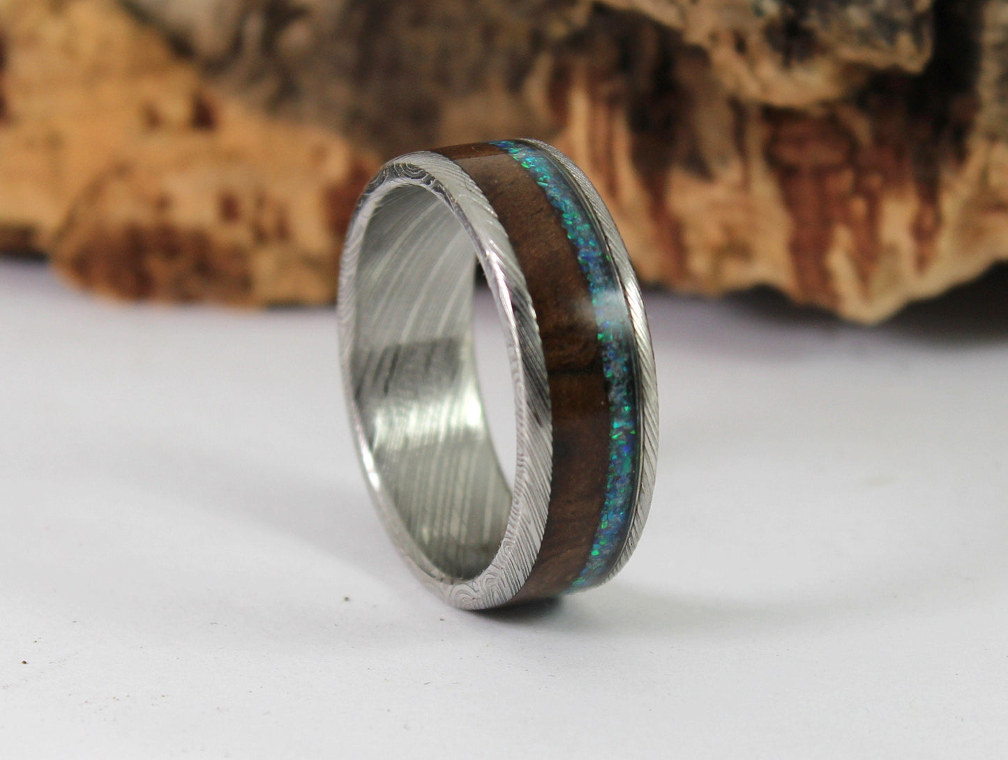 Damascus Steel Ring with Walnut and Blue Opal