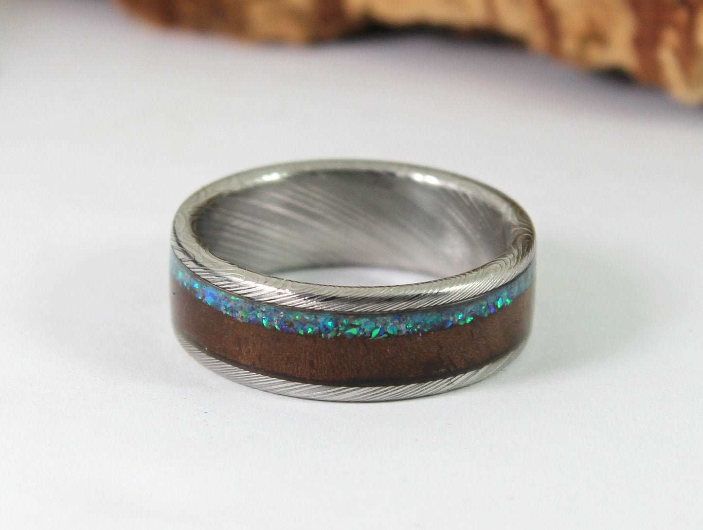 Damascus Steel Ring with Walnut and Blue Opal