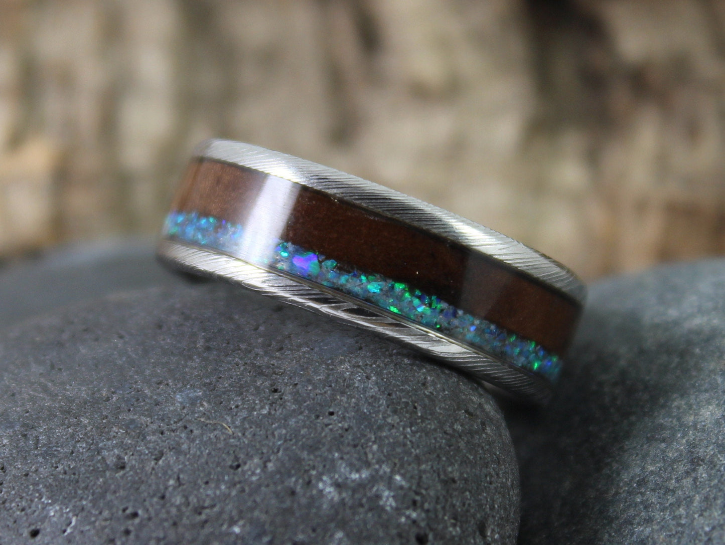 Damascus Steel Ring with Walnut and Blue Opal