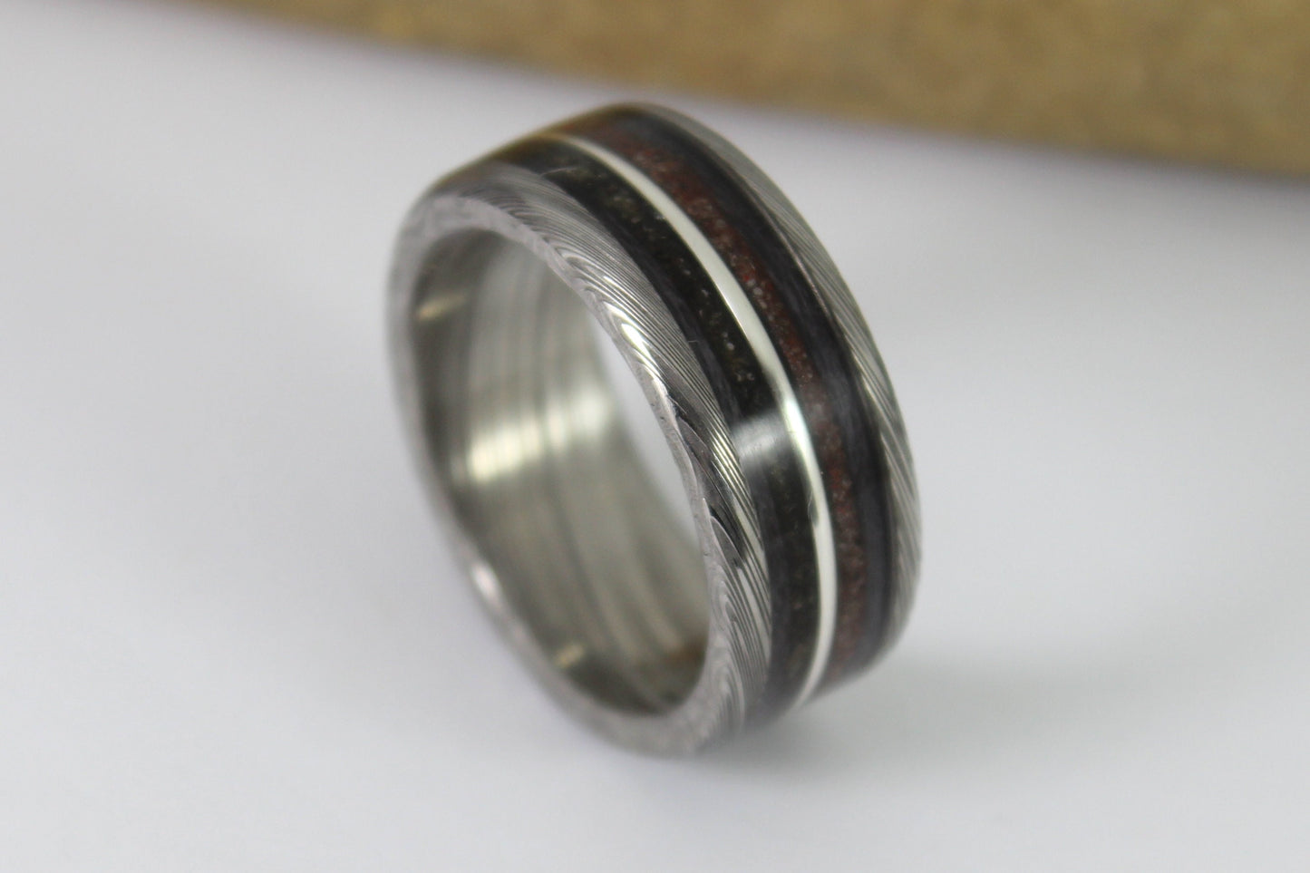 Damascus Steel Ring With Tektite Meteorite, Dinosaur Bone, Grey Maple and Silver