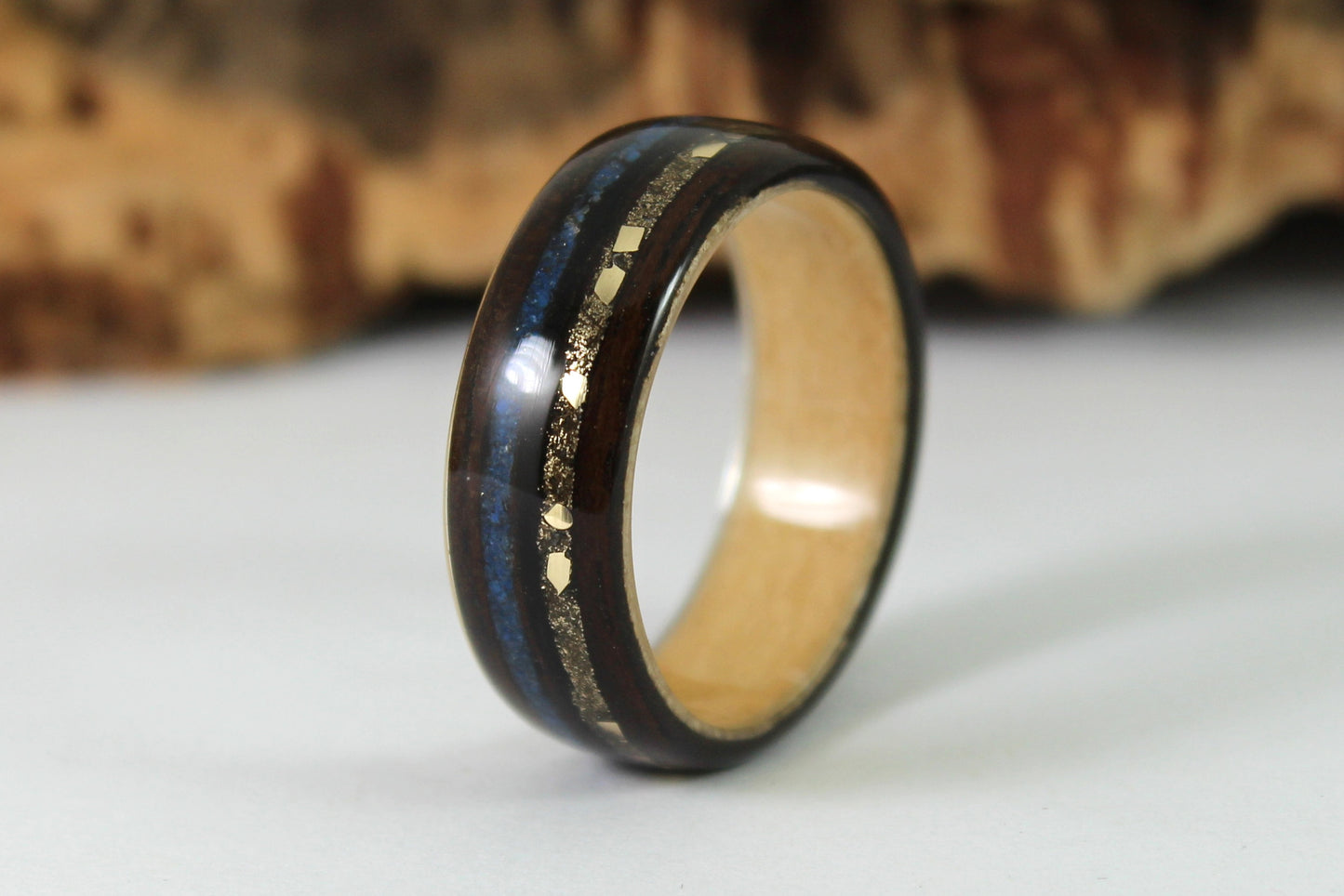 Ebony & Maple with Gold Dust And Blue Lapis Bent Wood Ring