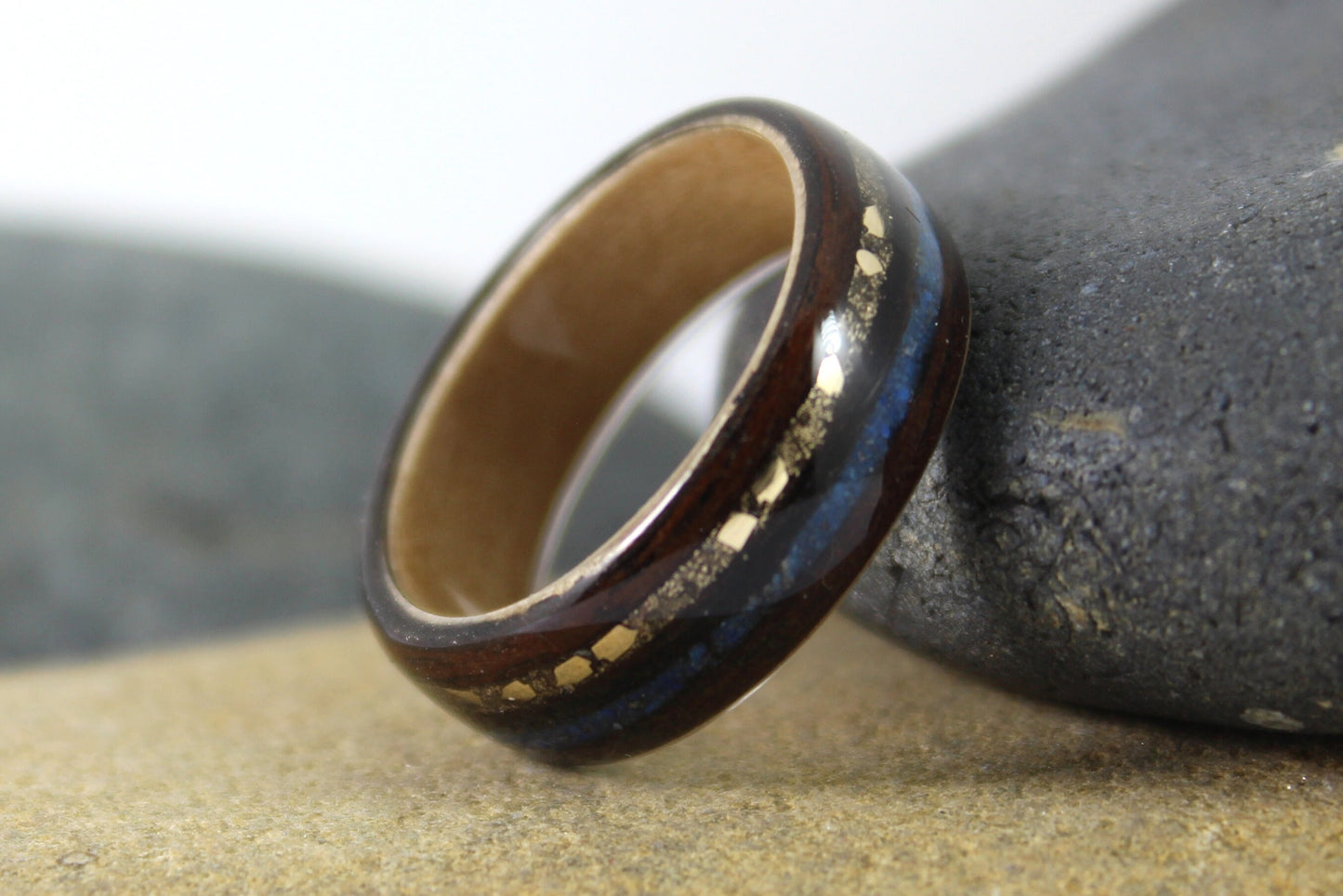 Ebony & Maple with Gold Dust And Blue Lapis Bent Wood Ring