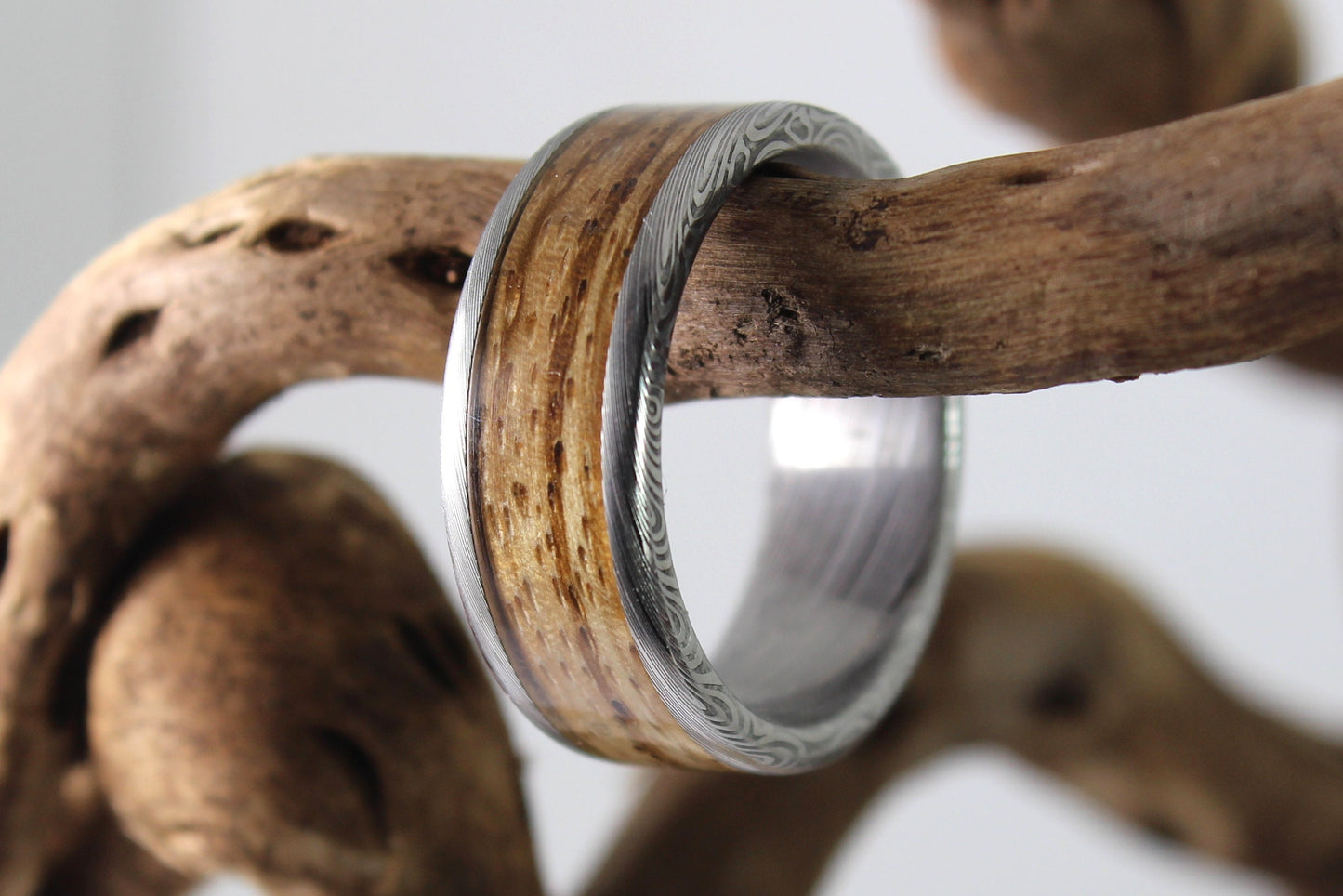 Damascus Steel Ring With Zebrano Wood Inlay
