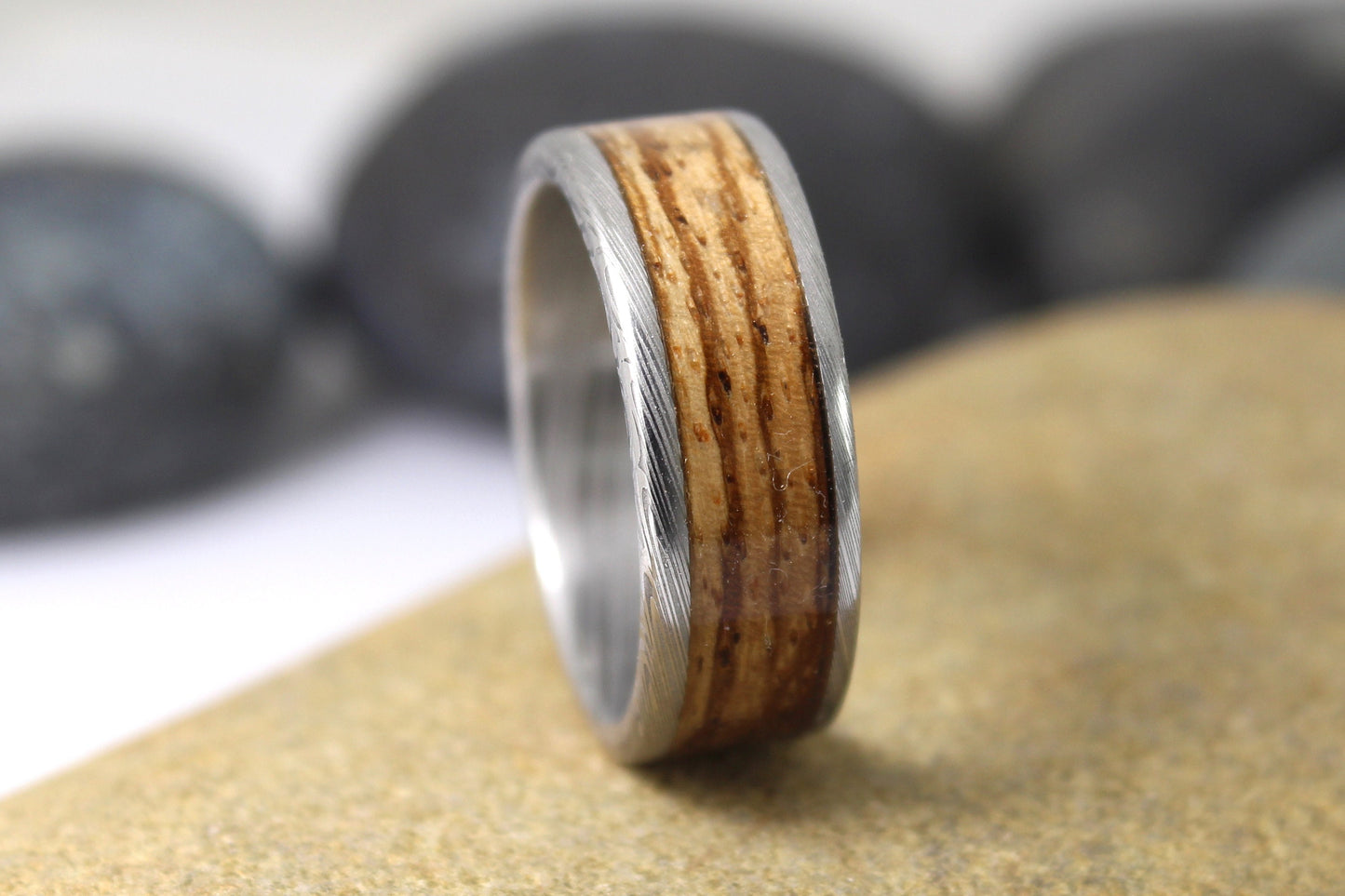 Damascus Steel Ring With Zebrano Wood Inlay