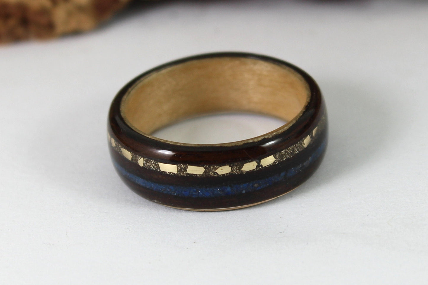 Ebony & Maple with Gold Dust And Blue Lapis Bent Wood Ring