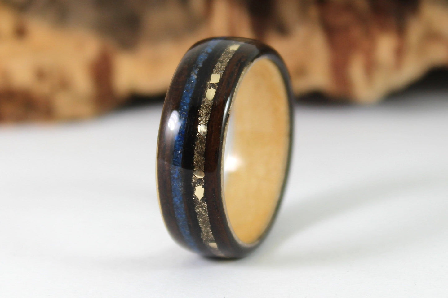 Ebony & Maple with Gold Dust And Blue Lapis Bent Wood Ring
