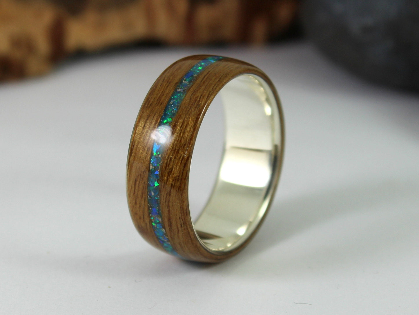 Sterling Silver Ring With Koa Wood and Blue Opal
