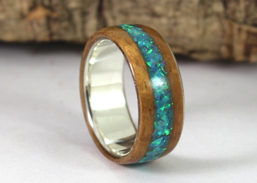 Sterling Silver Ring With Koa Wood and Blue Opal