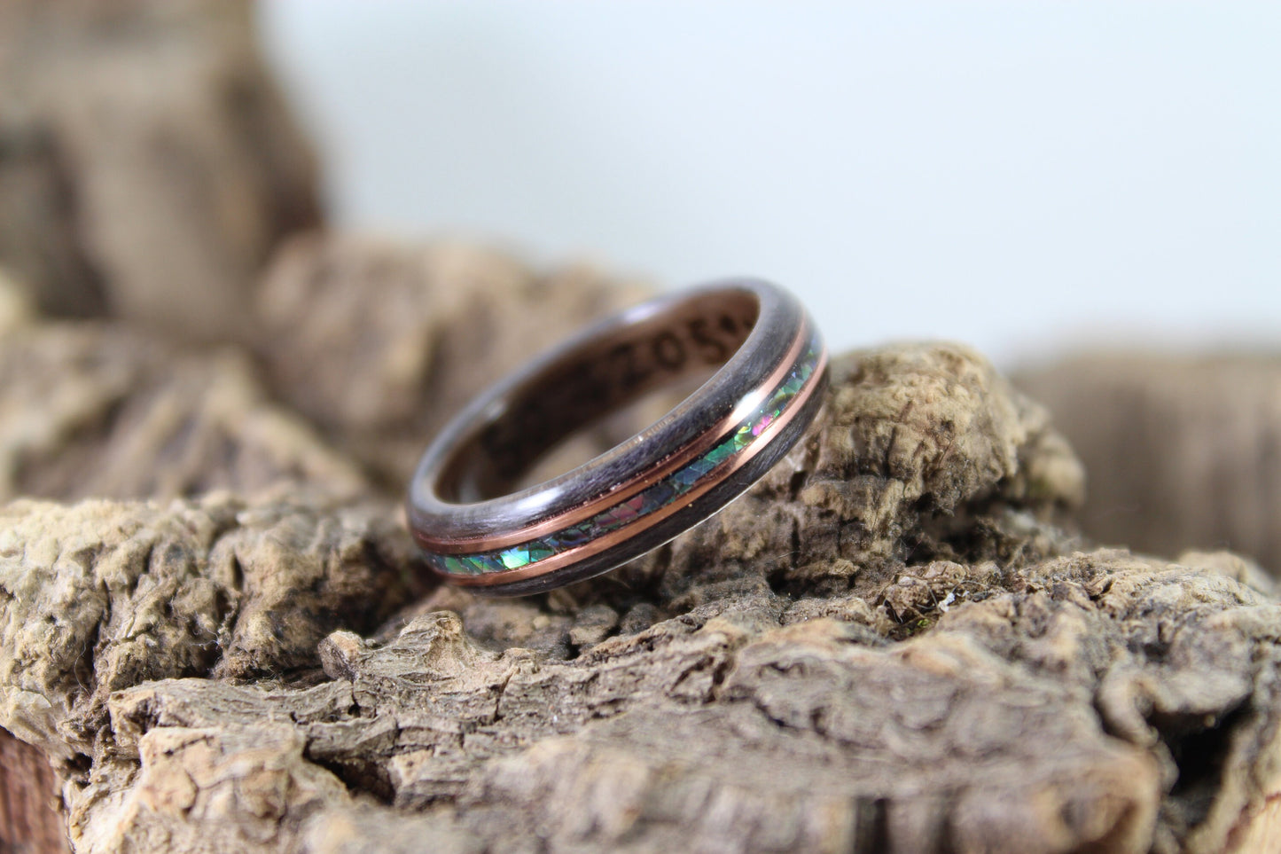 Walnut & Grey Maple Bent Wood Ring with Rose Gold and Abalone
