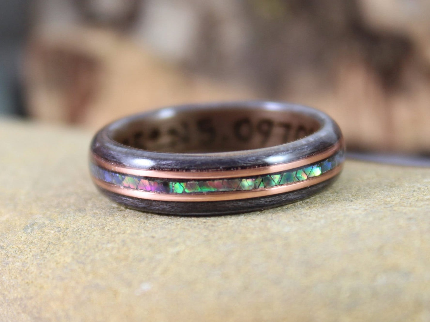 Walnut & Grey Maple Bent Wood Ring with Rose Gold and Abalone