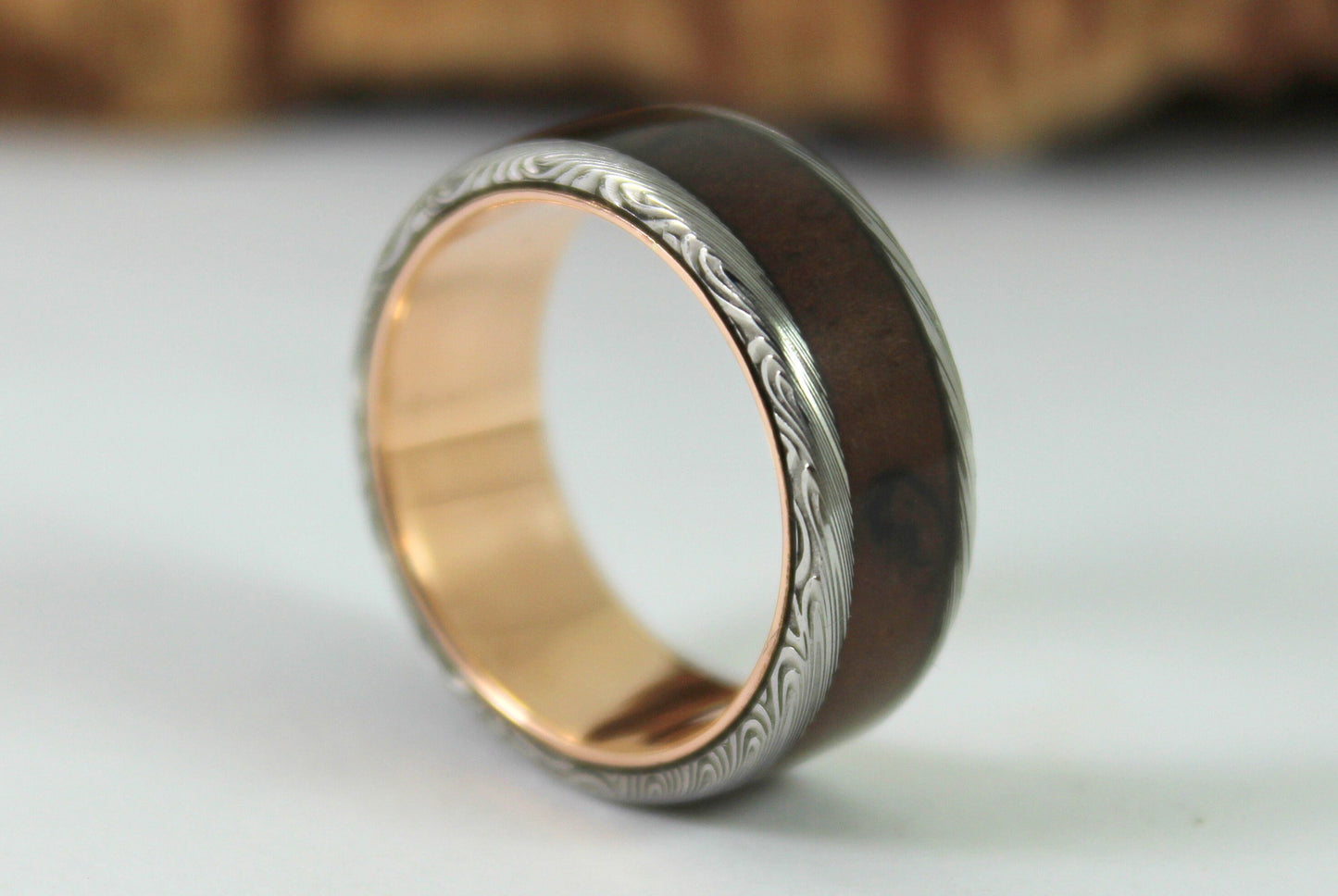 Rose Gold & Damascus Steel Ring with Walnut